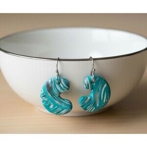 Artisan Blue & Silver Swirl Moon Dangle Polymer Clay Earrings w/ Stainless Wires